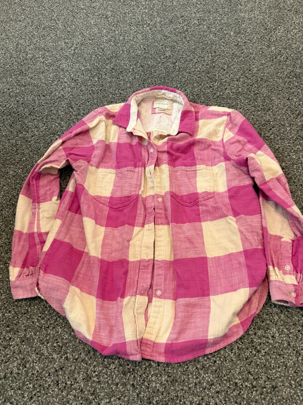 American Eagle Outfitters Pink and Cream Plaid Button-Down Shirt